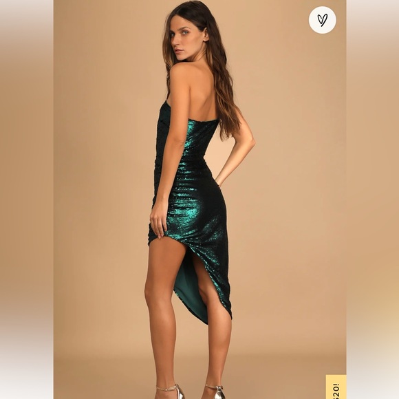 Emerald Green Sequin Sexy One-Shoulder Midi Dress Lulu NWT Medium - Picture 2 of 6